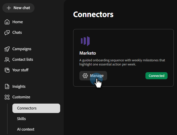Pantalla de conectores con el mosaico de Marketo que muestra el estado Conectado y el botón Administrar