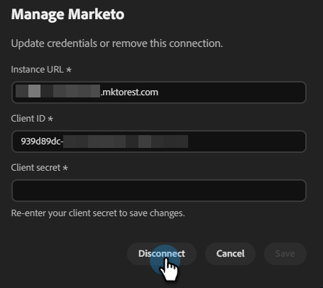 Cuadro de diálogo Administrar Marketo con los campos URL de instancia e ID de cliente y un botón Desconectar