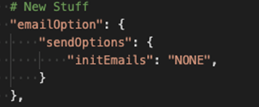 Captura de pantalla de código para no activar el envío de correo electrónico