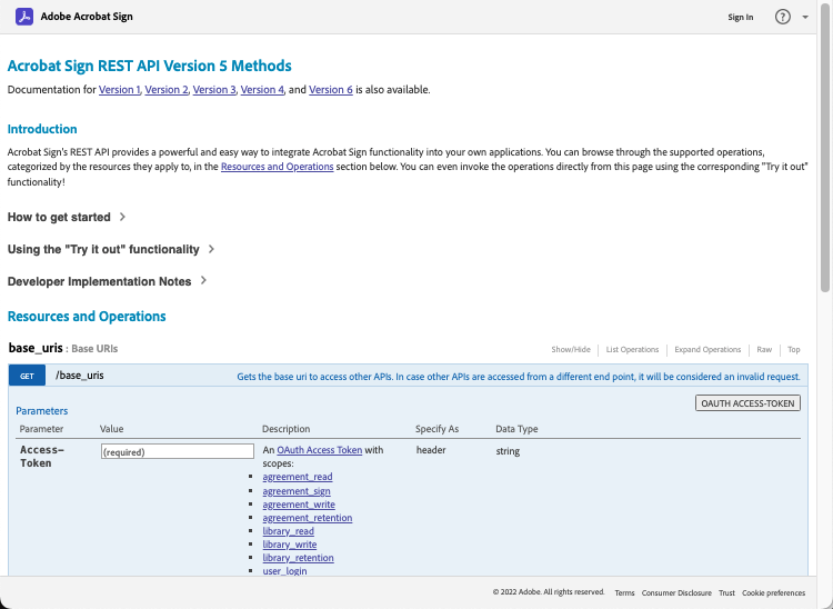 Captura de pantalla de navegación por los métodos de la API REST versión 6 de Acrobat Sign