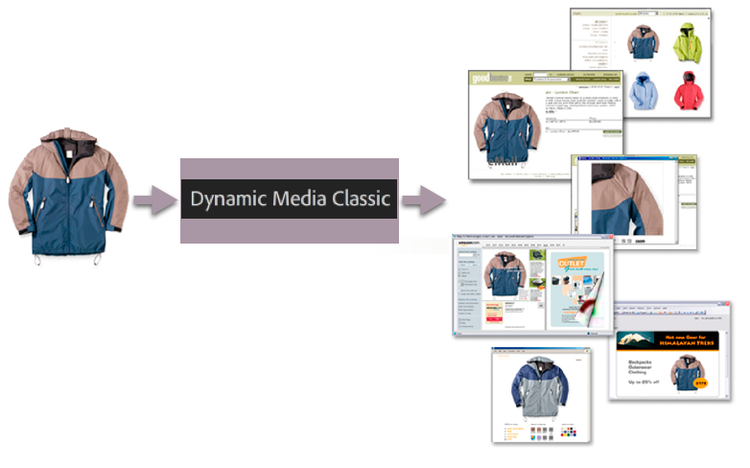 Adobe Dynamic Media Classic puede entregar la misma imagen principal a diferentes medios en diferentes tamaños y formatos.