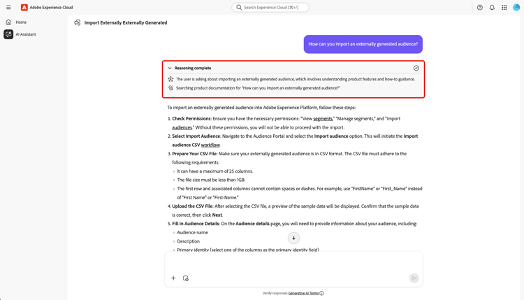 Panel de razonamiento ampliado en una respuesta del Asistente de IA.