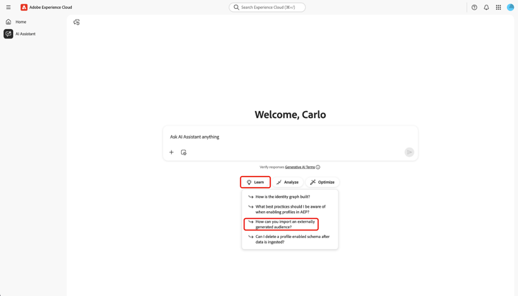 Selección de petición de datos de detección en la vista de pantalla completa.