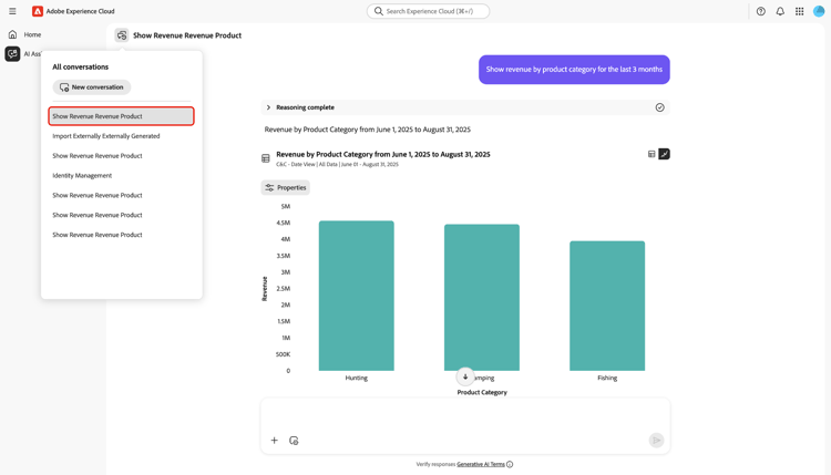 La lista de conversaciones anteriores grabadas en el Asistente de IA.