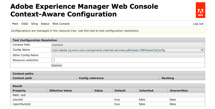 Consola web de configuración según el contexto