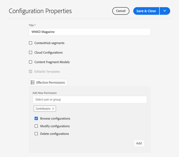 Añadir derechos de acceso a una configuración