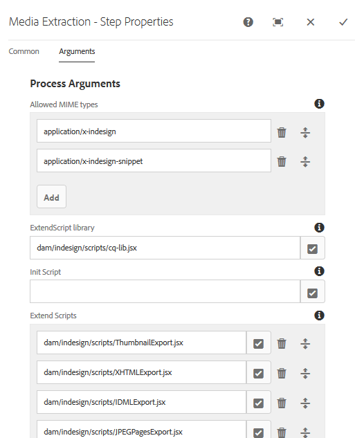 Argumentos de extracción de medios y rutas de secuencias de comandos