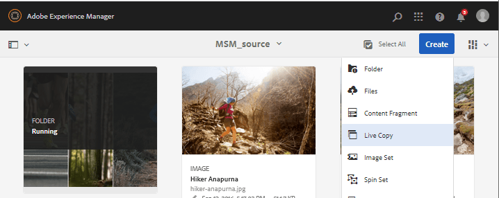 Crear Live Copy desde Experience Manager interfaz
