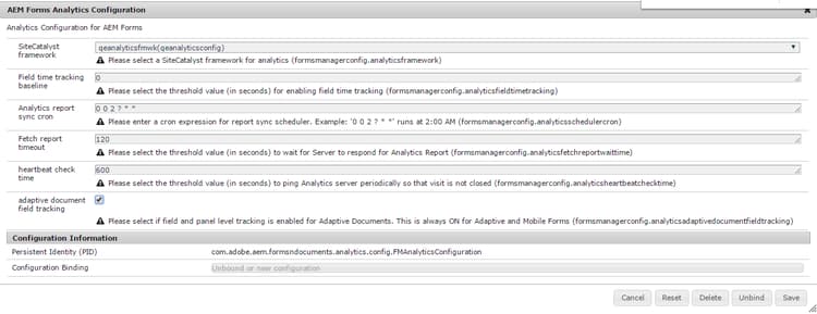 Servicio de configuración de AEM Forms Analytics