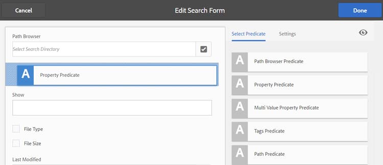 Seleccione y mueva un predicado para personalizar los filtros de búsqueda