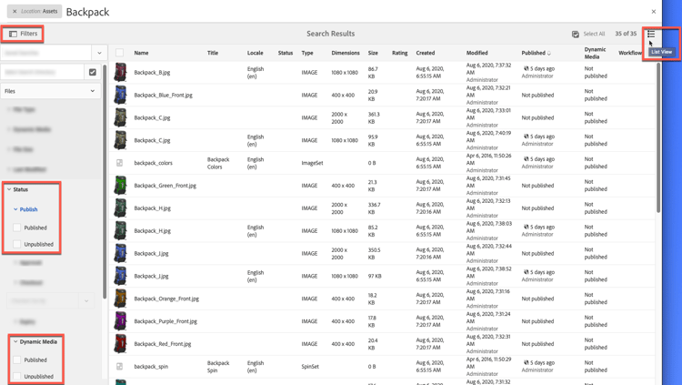Vista de lista y filtros en los resultados de búsqueda
