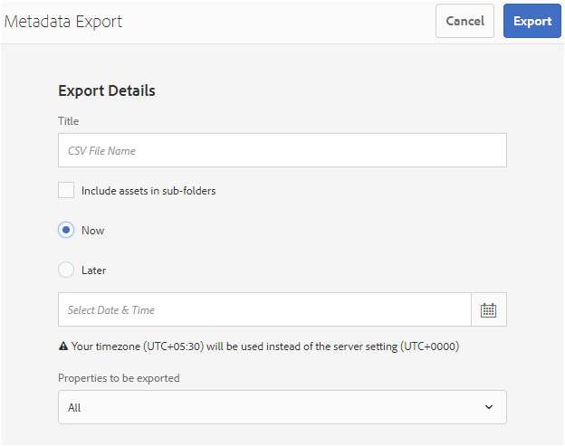 Interfaz y opciones para exportar metadatos de todos los recursos de una carpeta