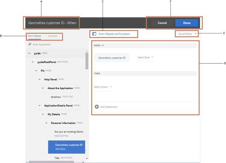 Interfaz de usuario del editor de reglas