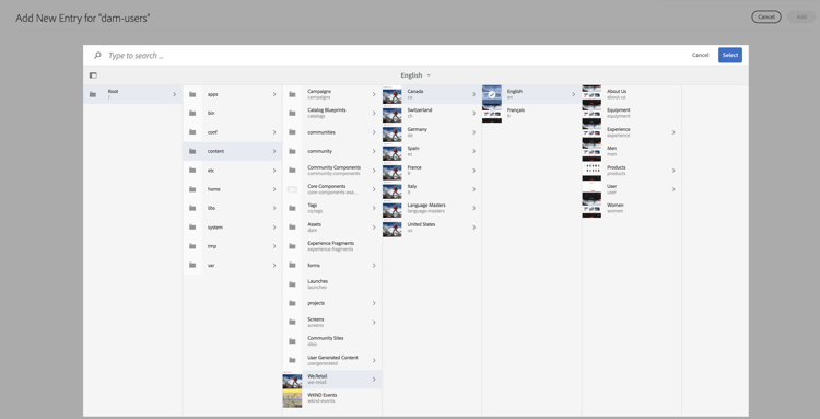 Ejemplo de configuración para usuarios dam