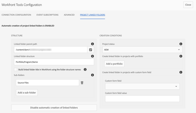 configuración de carpeta vinculada