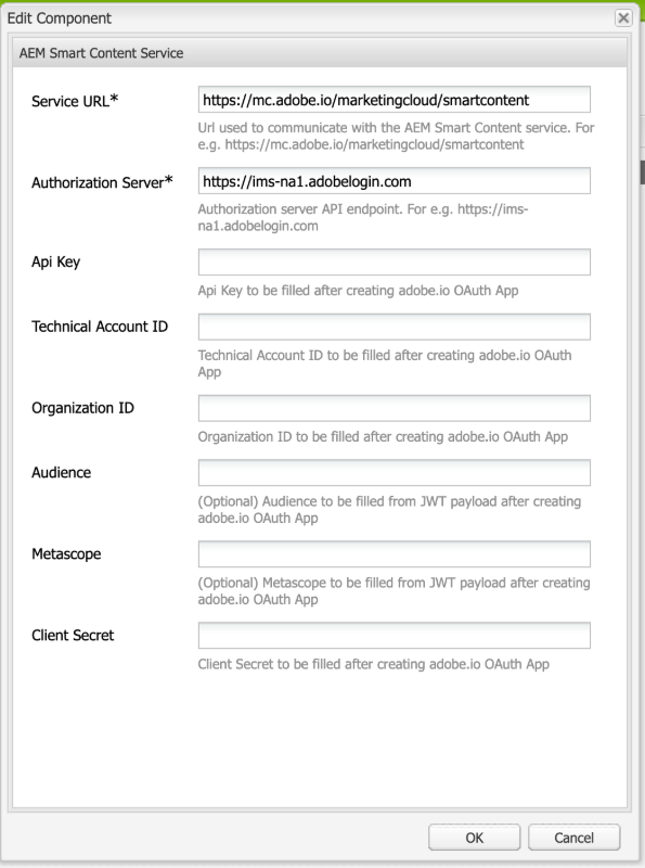 Cuadro de diálogo Servicio de contenido inteligente de Experience Manager para proporcionar la URL del servicio de contenido