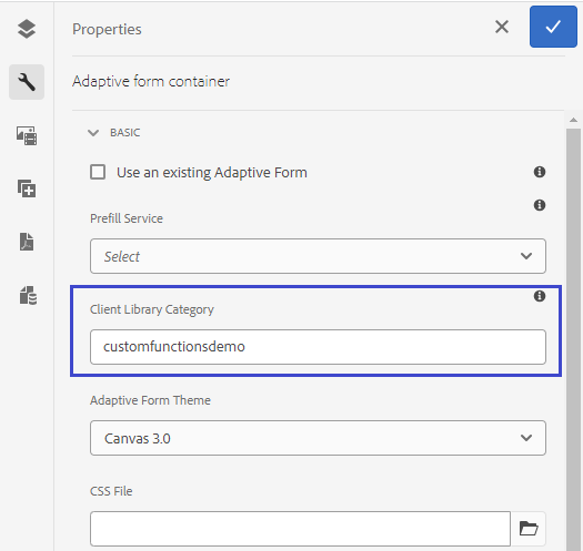 Añadir el nombre de la biblioteca de cliente en la configuración del contenedor del formulario adaptable