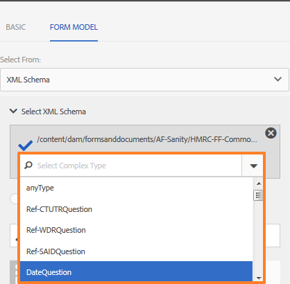 Seleccionar un tipo complejo del modelo de esquema XML especificado