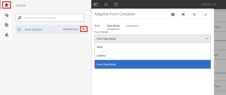 Haga clic en el icono Llave inglesa para abrir el cuadro de diálogo Contenedor de formulario adaptable para configurar un esquema JSON o un modelo de datos de formulario