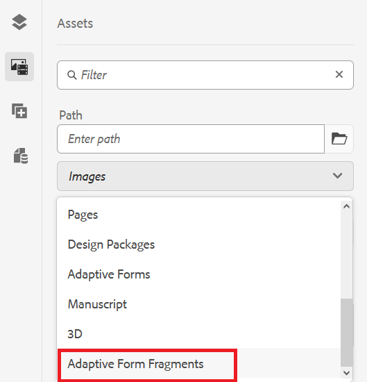seleccione la opción Fragmentos de formulario adaptable