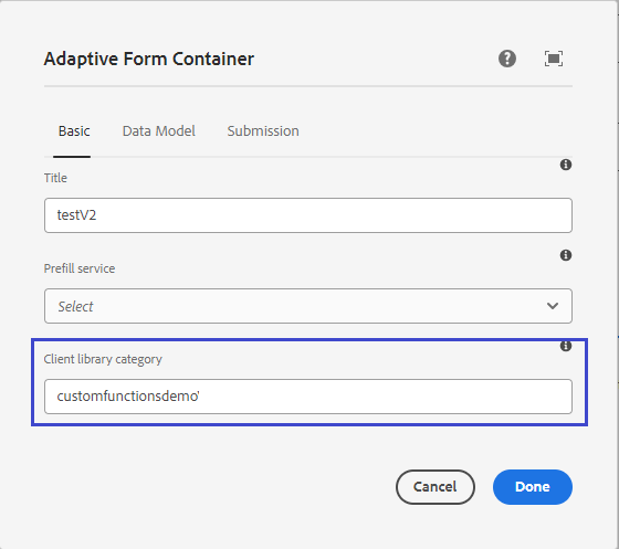 Añadir el nombre de la biblioteca de cliente en la configuración del contenedor del formulario adaptable