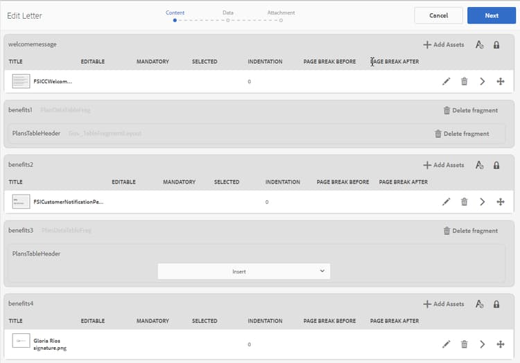 Módulos de datos y fragmentos de diseño insertados