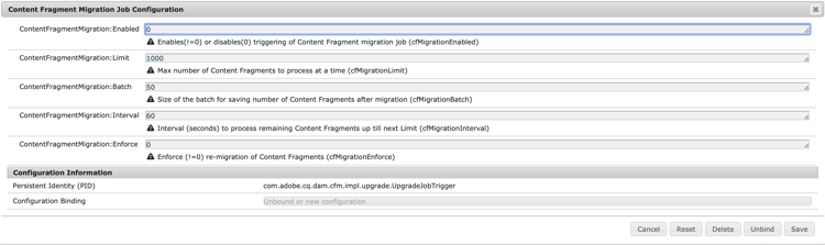 Configuración del trabajo de migración de fragmentos de contenido OSGi