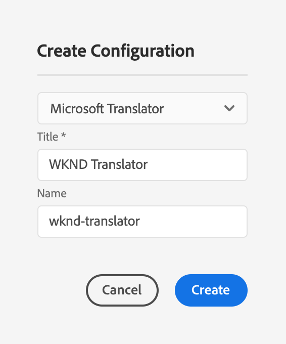 Creación de configuración de traducción