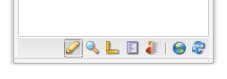 Borde inferior de la barra de tareas con una fila horizontal de siete iconos. Dos de los iconos al principio de la fila, el icono de edición y el icono de modo de vista previa, se indican mediante un símbolo de lápiz y un símbolo de lupa, respectivamente.