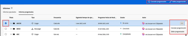editar y cancelar informe programado