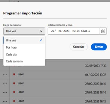 Programar configuración de importación masiva