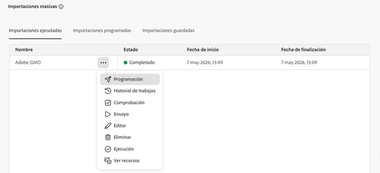 Editar configuración de importación masiva