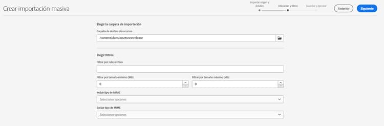 Filtros de importación masiva