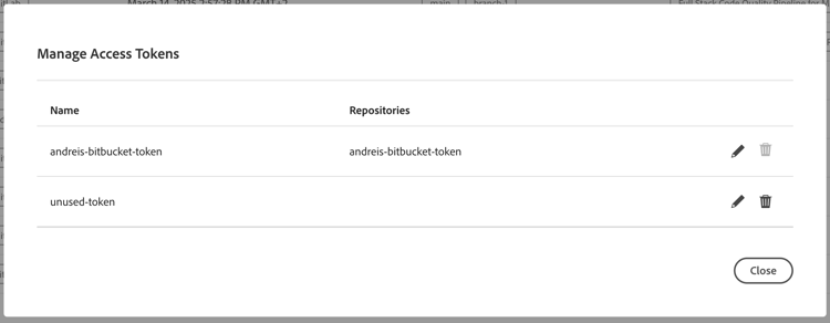 En el cuadro de diálogo Administrar tokens de acceso se muestra un token activo y un token inactivo