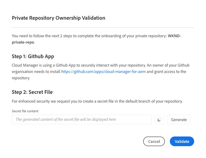 Validación de propiedad de repositorio privado