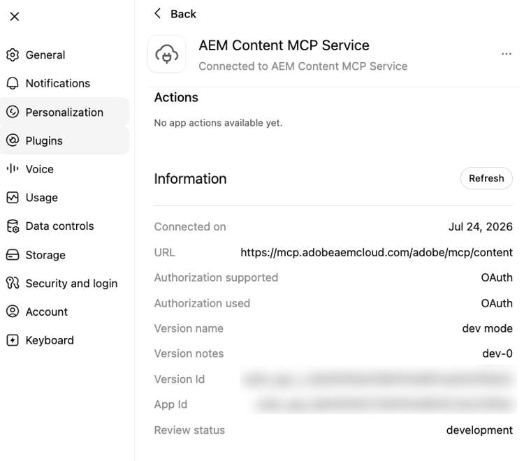 El servicio MCP de contenido de AEM que aparece en Complementos en ChatGPT.