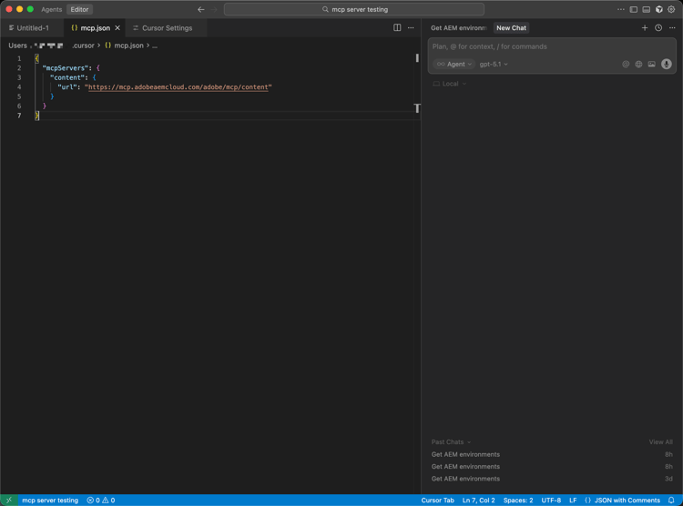 Formulario de configuración personalizada del servidor MCP en el cursor.