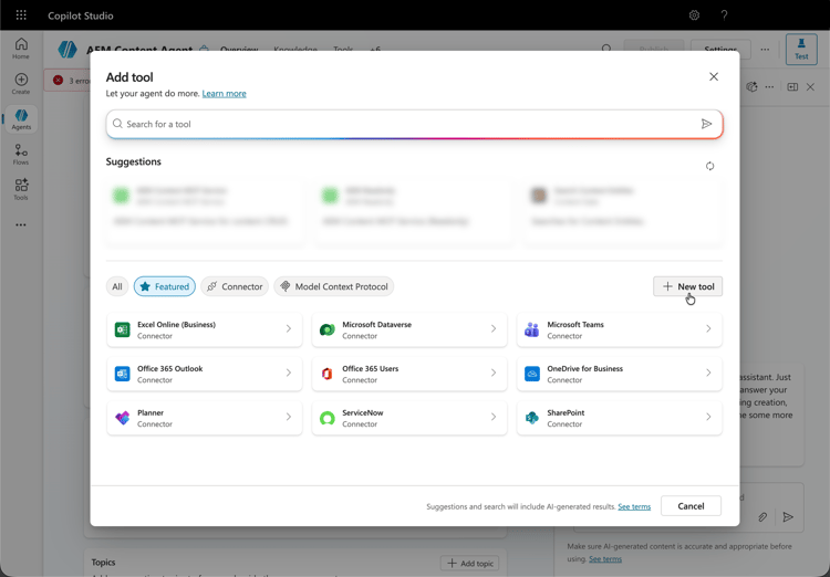 Cuadro de diálogo Agregar herramienta en Microsoft Copilot Studio.