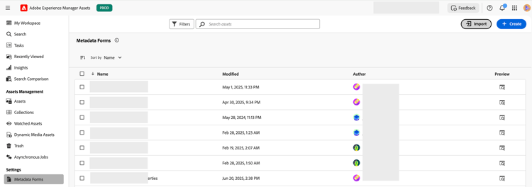 página de formularios de metadatos