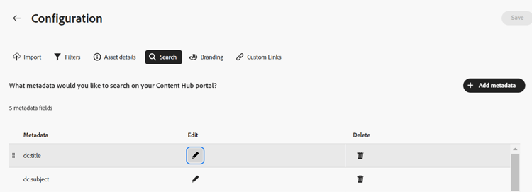 Búsqueda de IU de configuración en Content Hub