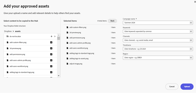 Cargar recursos a Content Hub desde OneDrive o Dropbox