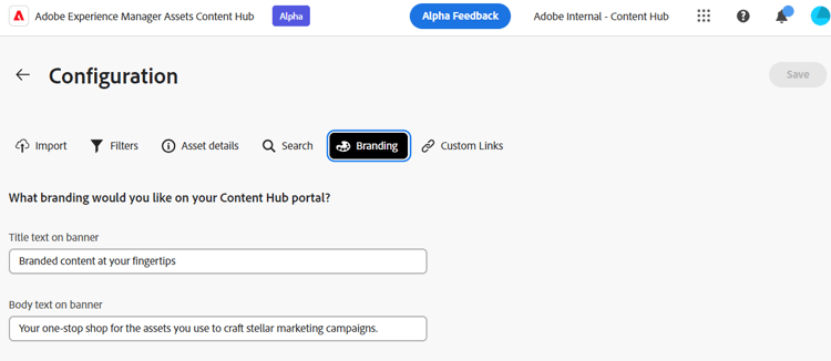 Marca de la interfaz de usuario de configuración en Content Hub