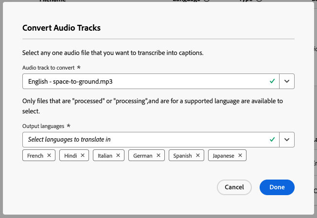 Cuadro de diálogo Convertir pistas de audio.