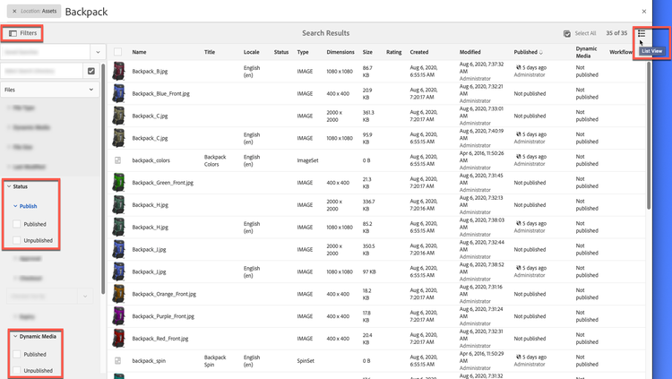 Vista de lista y filtros en los resultados de búsqueda