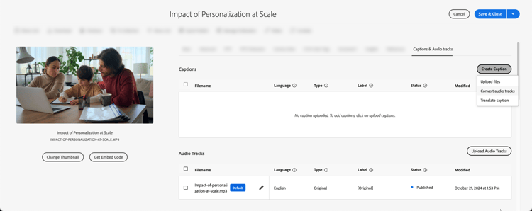 Opciones para crear subtítulos.