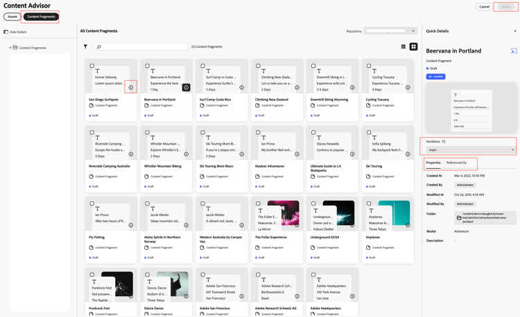 Fragmentos de contenido en el Asesor de contenido