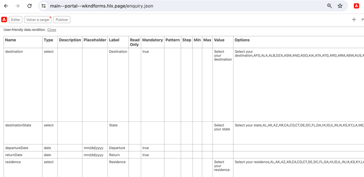 Vista previa de formularios en formato JSON