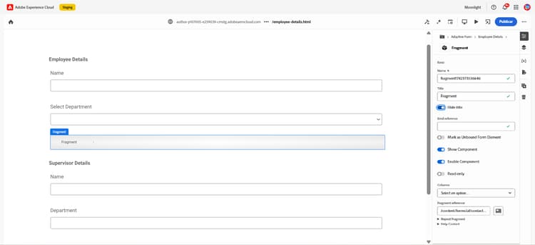 Configuración de las propiedades del fragmento