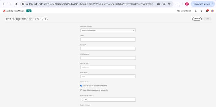 pantalla de configuración de reCAPTCHA Enterprise