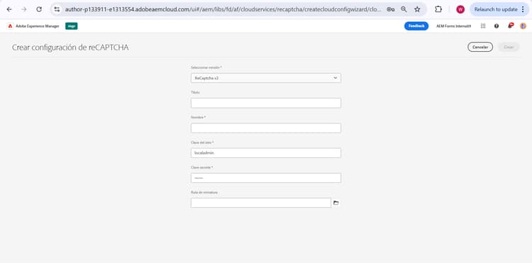 Pantalla de configuración estándar reCAPTCHA